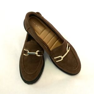 Kelly & Katie Brown Suede Loafers with Gold Hardware
